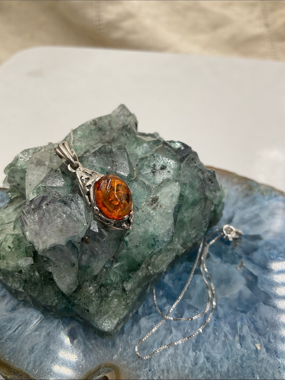 18” Italian Sterling Silver Necklace With Amber Teardrop Pendant - Picture 2 of 9